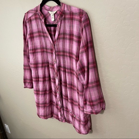 Sundance Pink plaid v neck button down pleated blouse S light dark pink brown - Picture 2 of 10